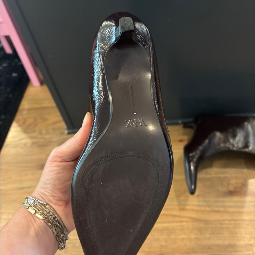 Zara Patent Naplak Burgudny Heeled Boots - Picture 4 of 5